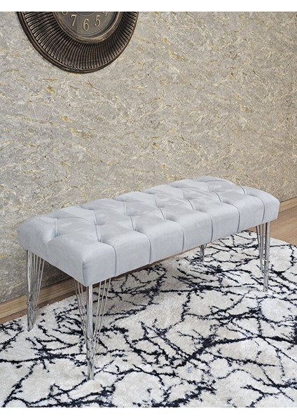Krom Tel Ayaklı 90 cm Puf Bench - Puf - Bench - Kasalı Oturak - Oturak - Yatak Ucu Puf Gri Renk 90 x 40 Boyut/ebat