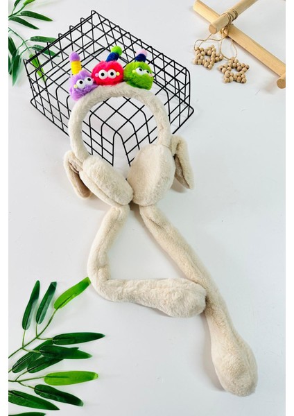 Renkli Gözlü Antenli Pelüş Kız Çocuk kulaklık - Bej