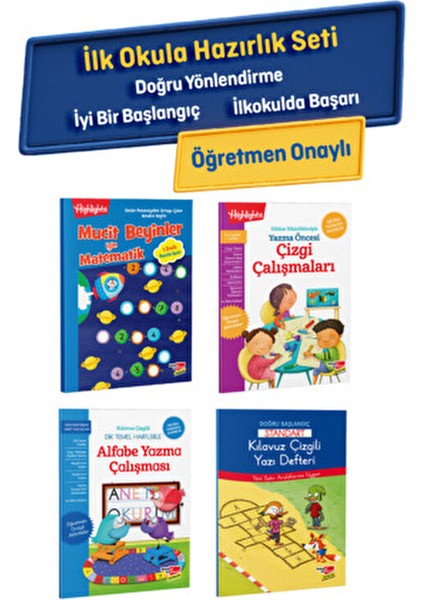 4'lü Ilkokula Hazırlık Seti Hüseyin Demir 3 - 5 Yaş Eğitici Materyal (Matematik, Çizgi Çalışması, Alfabe, Yazı Defteri)