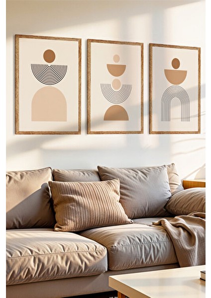 3 Parça Soyut Şekiller Konsepli Ahşap Çerçeve Görünümlü Mdf Tablo Seti