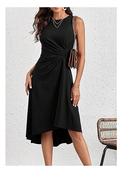 Kadın Sıfır Kollu Bisiklet Yaka Büzgülü Asimetrik Kesim Detaylı Janjan Krep Elbise Siyah-Standart