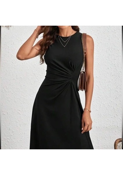 Kadın Sıfır Kollu Bisiklet Yaka Büzgülü Asimetrik Kesim Detaylı Janjan Krep Elbise Siyah-Standart indirimleri