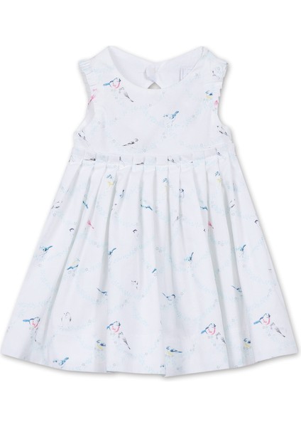 Beyaz Kuş Baskılı Kolsuz Kız Bebek Elbise