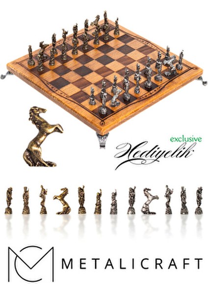 MC97 - Çin Antik Figürlü Metal Taşlar – 30X30CM Gerçek Kayın Tahtası - Hediyelik Satranç Takımı