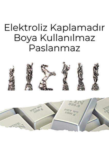 MC97 - Çin Antik Figürlü Metal Taşlar – 30X30CM Gerçek Kayın Tahtası - Hediyelik Satranç Takımı