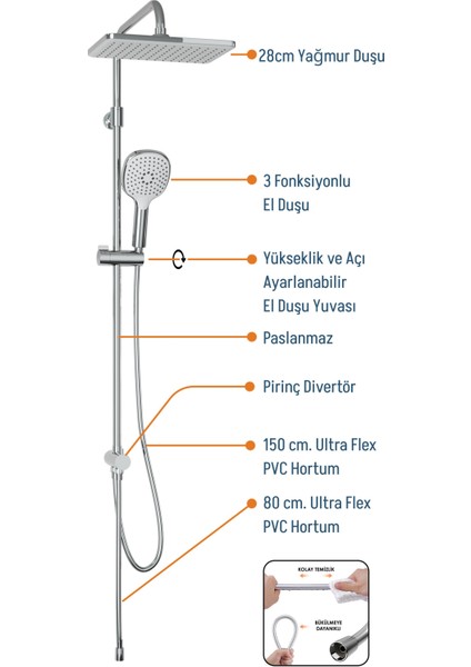 Mode S Rain Tepe Duş Seti – Kare 25 Cm, 3 Fonksiyonlu, Krom (Bataryasız) modelleri