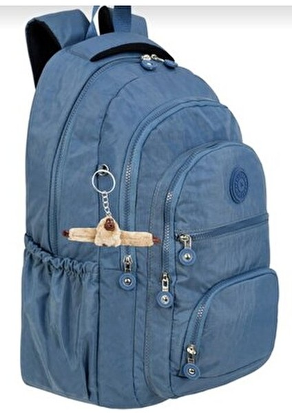 2'li Set Lüx Krinkıl Kumaş Lise ve Ortaokul Sırt Çantası Maymun Anahtarlık Hediyeli