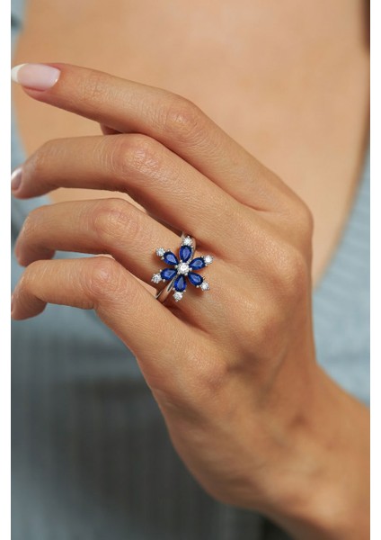 925 Ayar Safir Taşlı Rodyum Lotus Çiçeği Ayarlanabilir Gümüş Yüzük fiyatları