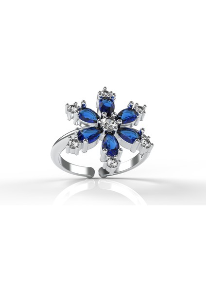 925 Ayar Safir Taşlı Rodyum Lotus Çiçeği Ayarlanabilir Gümüş Yüzük modelleri