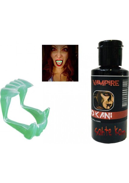 Fosforlu Çift Damak Takma Vampir Dişi ve 50 gr Tiyatro Kanı (4887)