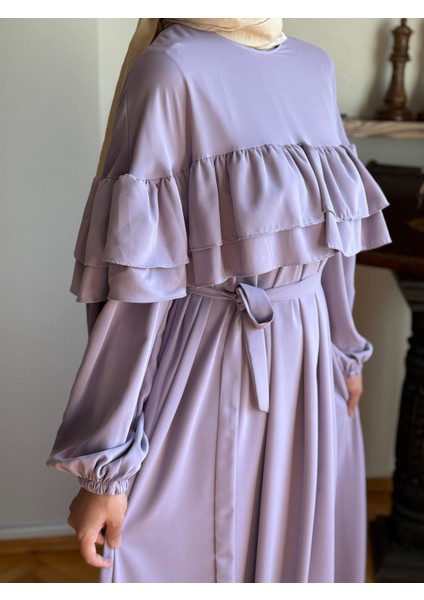 Lila Çift Fırfırlı Robalı Elbise 5068