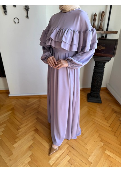 Lila Çift Fırfırlı Robalı Elbise 5068 modelleri