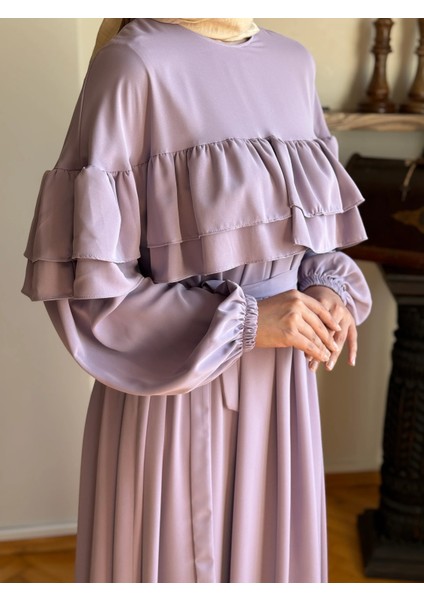 Lila Çift Fırfırlı Robalı Elbise 5068 fırsatları