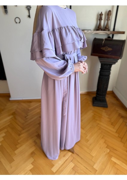 Lila Çift Fırfırlı Robalı Elbise 5068 indirimleri