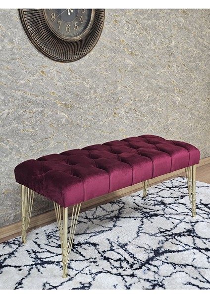 Gold Tel Ayaklı 90 cm Puf Bench - Puf - Bench - Kasalı Oturak - Oturak - Yatak Ucu Puf Bordo Renk 90 x 40 Boyut/ebat