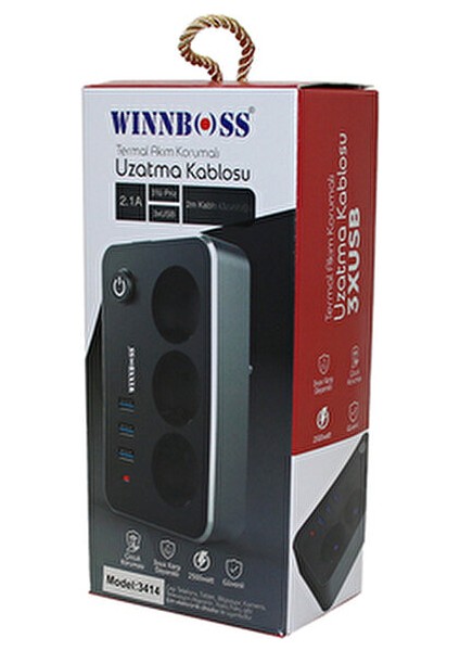 Termal Akım Korumalı 2.1A 3lü Priz 3xusb 2mt Anahtarlı Uzatma Kablo Siyah (5263)