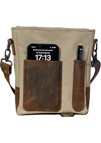 Retro Desenli Dug Mumlu Kanvas & Hakiki Deri Postacı & El Çantası 17X20 cm indirimleri