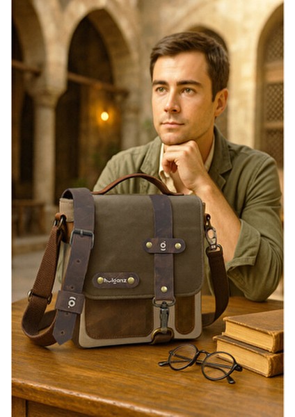 Retro Desenli Dug Mumlu Kanvas & Hakiki Deri Postacı & El Çantası 17X20 cm