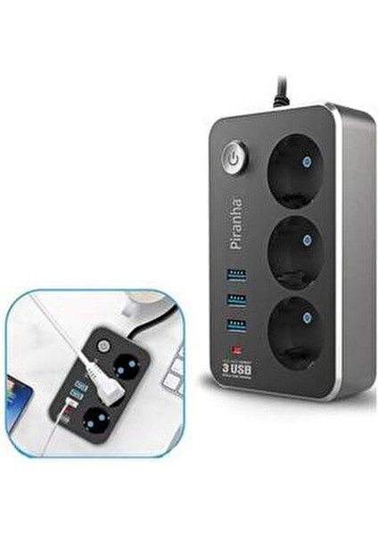 Isıya Dayanıklı Termal Akım Korumalı 2 mt 10A 2500W 3lü Priz ve 3 Usbi 2.1A Uzatma Kablosu (5263) modelleri
