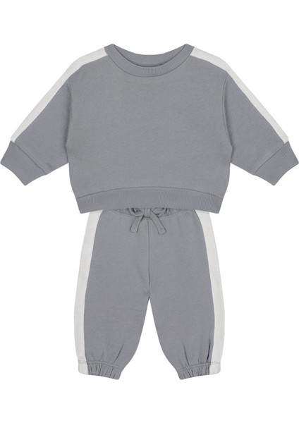 Gri Beyaz Kontrastlı Sweatshirt ve Pantolon Erkek Bebek 2'li Set