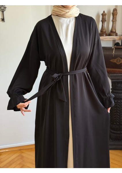 Siyah Garnili Kuşaklı Ikili Abaya Takım 5041