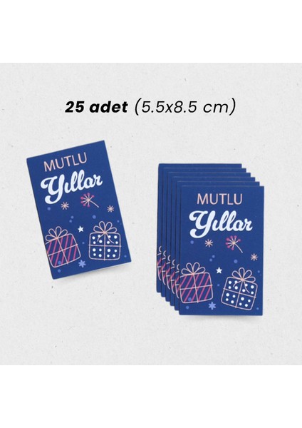 Yılbaşı Mutlu Yıllar Yazılı Hediye Kart Seti, Yeniyıl Paketleme Kartı, 25 Adet-5,5x8.5 Cm, Mavi