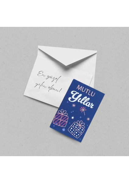 Yılbaşı Mutlu Yıllar Yazılı Hediye Kart Seti, Yeniyıl Paketleme Kartı, 25 Adet-5,5x8.5 Cm, Mavi modelleri
