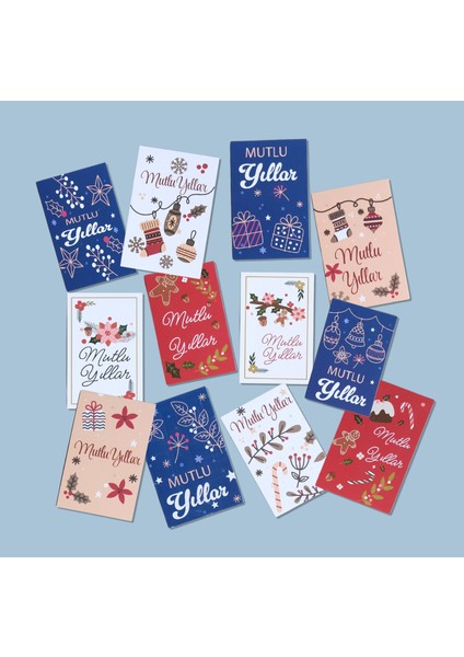 Yılbaşı Mutlu Yıllar Yazılı Hediye Kart Seti, Yeniyıl Paketleme Kartı, 25 Adet-5,5x8.5 Cm, Mavi fırsatları
