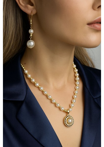 Gold Aparatlı Inci Kolye ve Küpe Seti