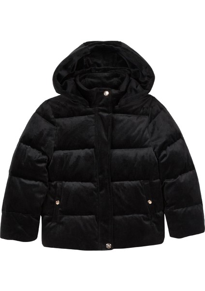 Siyah Kadife Kapüşonlu Kız Çocuk Doudoune Mont