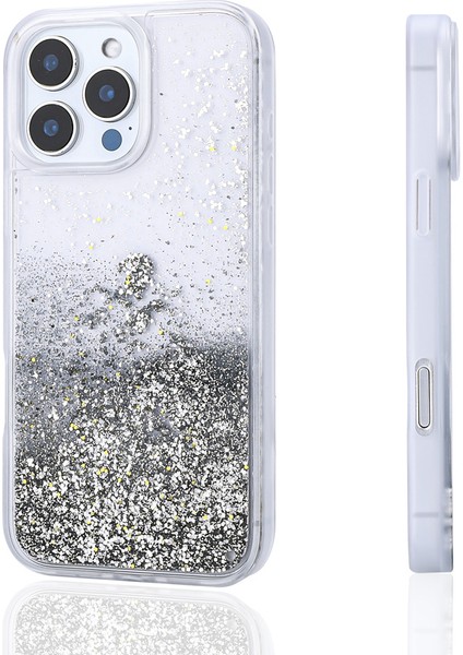 iPhone 16 Pro Uyumlu Kılıf Sıvılı Simli Şeffaf Arka Yüzey N7TH Keto Silikon Kapak-Gümüş