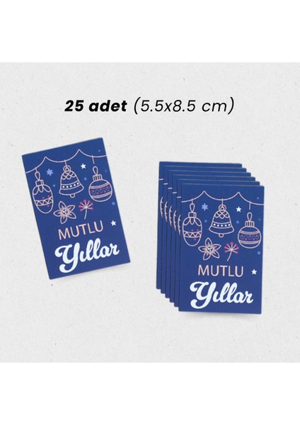 Yılbaşı Mutlu Yıllar Yazılı Hediye Kart Seti, Zil Temalı Paketleme Kartı, 25 Adet-5,5x8.5 Cm, Mavi