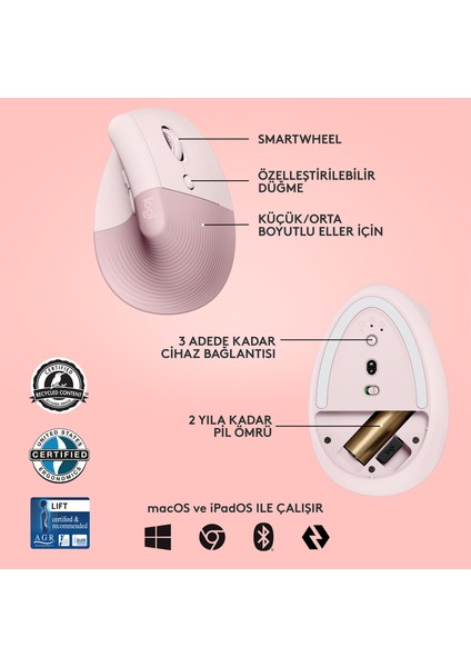 Lift Rose 910-006478 Sessiz Kablosuz Ergonomik Dikey Mouse