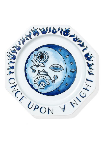 Moonlit Plate Beyaz Mavi Porselen Tabak 21,5 cm