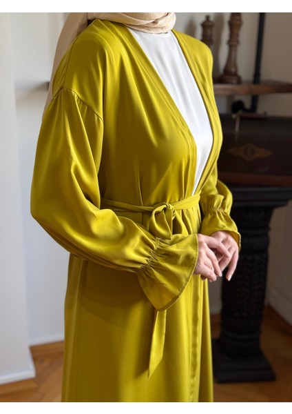 Yağ Yeşili Garnili Kuşaklı Ikili Abaya Takım 5041 fiyatları