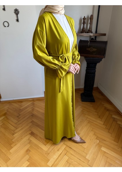 Yağ Yeşili Garnili Kuşaklı Ikili Abaya Takım 5041 indirimleri