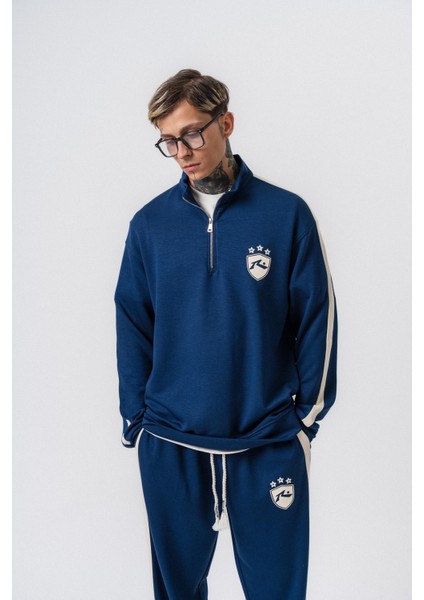Erkek Şerit Detaylı Yarım Fermuarlı Modal Sweatshirt Lacivert