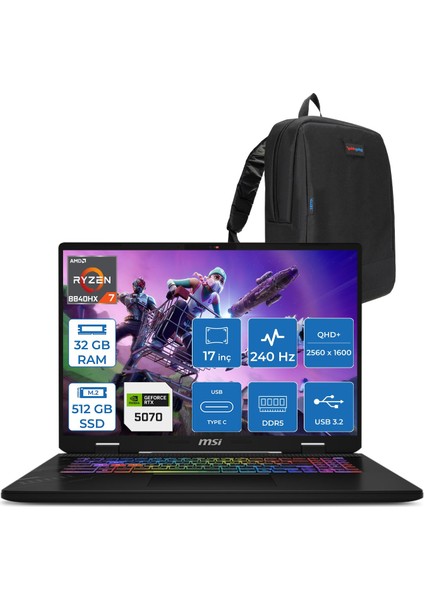 Msı Crosshair A17 Hx Amd Ryzen 7 8840HX 32GB Ddr5 512GB SSD 8GB/RTX5070/115W 16” Qhd+ (2560X1600) 240Hz IPS Freedos Taşınabilir Bilgisayar D8WGKGF09 + Zettaçanta