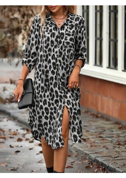 Kadın Uzun Kollu Yakalı Önden Düğmeli Leopar Desenli Modal Midi Elbise