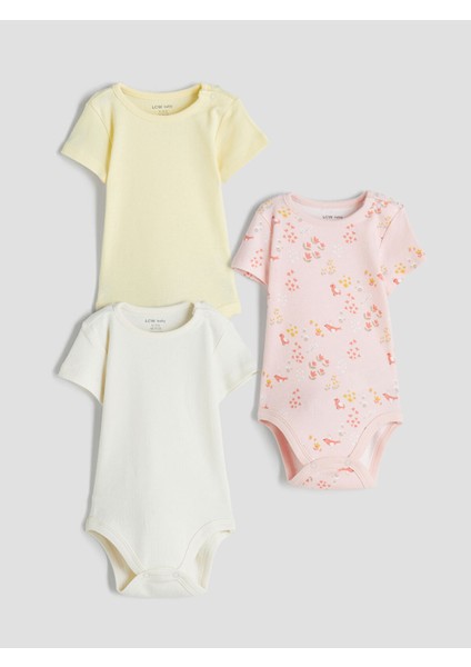 Yeni Sezon Bisiklet Yaka Kısa Kollu Kız Bebek Çıtçıtlı Body 3'lü