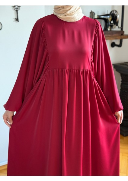 Bordo Balon Kollu Oversize Elbise 5096