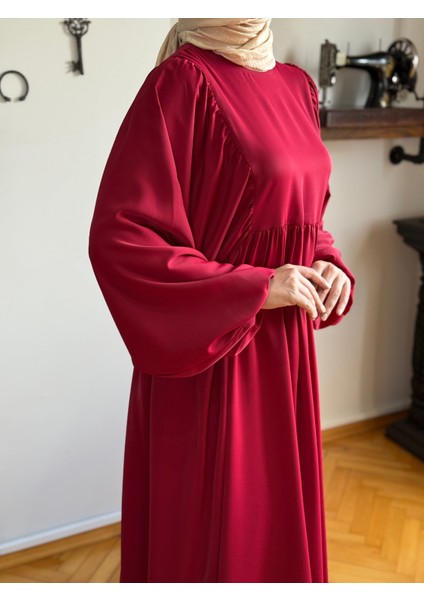 Bordo Balon Kollu Oversize Elbise 5096 modelleri