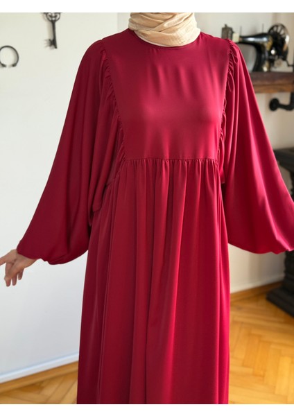Bordo Balon Kollu Oversize Elbise 5096 fırsatları