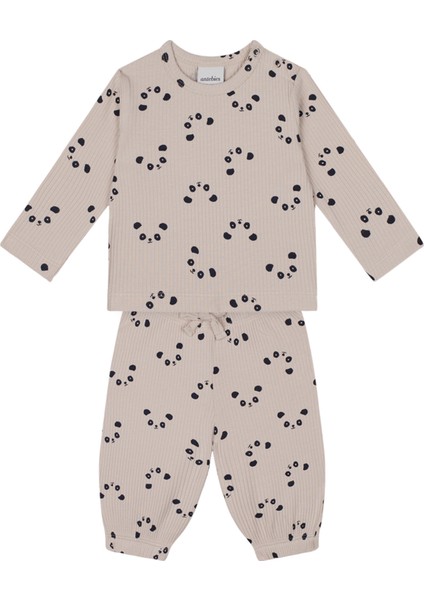 Krem Panda Desenli Uzun Kollu Tshirt ve Pantolon Unisex Bebek 2'li Set