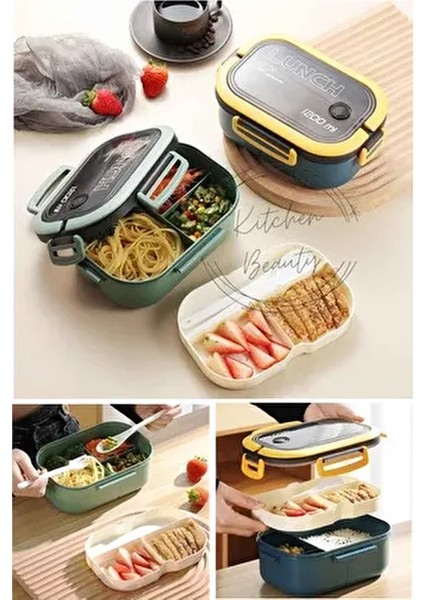 1200ML 2 Katlı 6 Bölmeli Beslenme Çantası Lunch Box,saklama Kabı Çatal Kaşıklı Sefer Tası Sızdırmaz