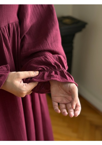 Bordo Yarımpat Yandan Bağlamalı Müslin Elbise 1004 fırsatları