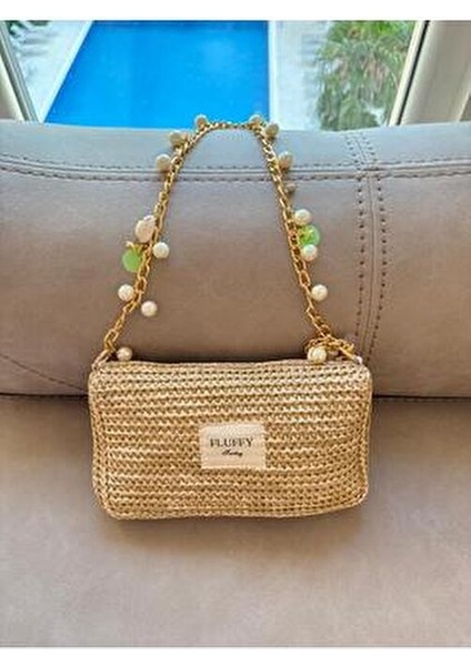 Charm Zincirli Inci Hasır Çanta/ Gold Askılı Kadın El ve Omuz Çantası (25X15)