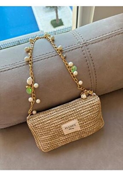 Charm Zincirli Inci Hasır Çanta/ Gold Askılı Kadın El ve Omuz Çantası (25X15) fırsatları