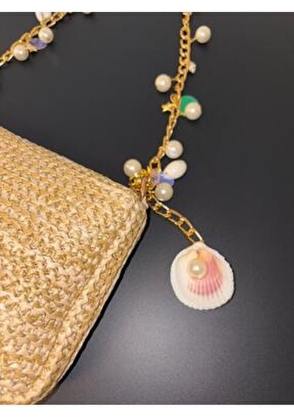 Charm Zincirli Inci Hasır Çanta/ Gold Askılı Kadın El ve Omuz Çantası (25X15) indirimleri