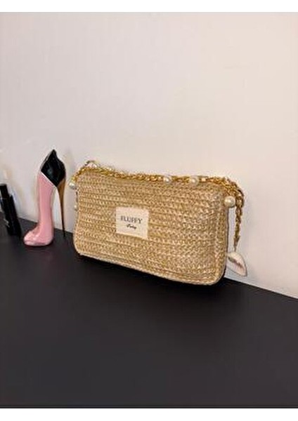 Charm Zincirli Inci Hasır Çanta/ Gold Askılı Kadın El ve Omuz Çantası (25X15)